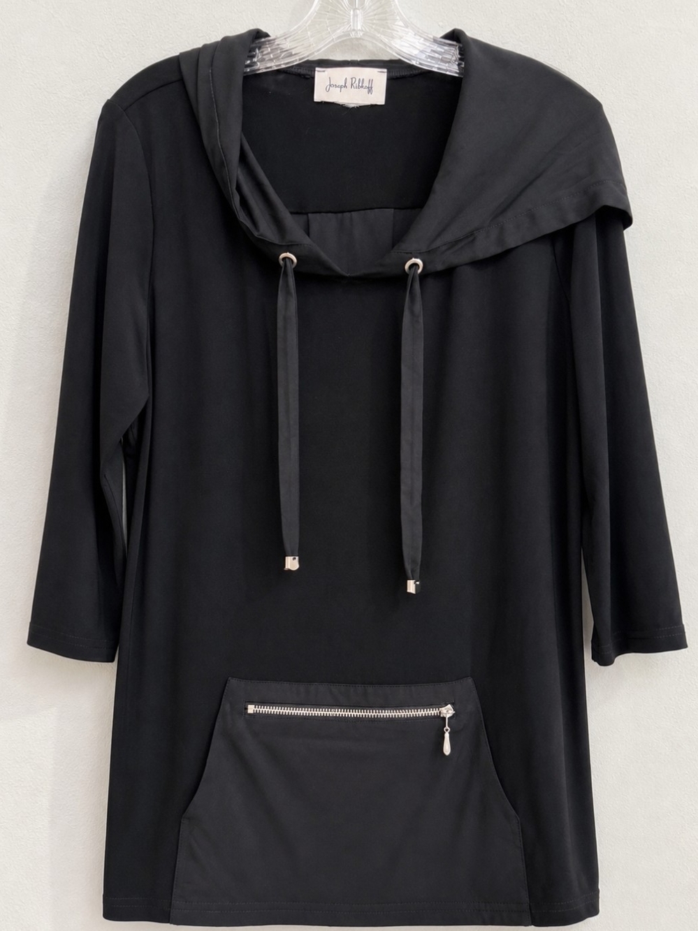 Joseph Ribkoff Black Hooded Drawstring Tunic with Zip Pocket